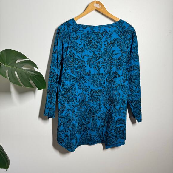 Habitat Top Women L Blue Black Floral Asymmetrical Hem Cotton Lagenlook 3/4 Slee - Picture 2 of 6